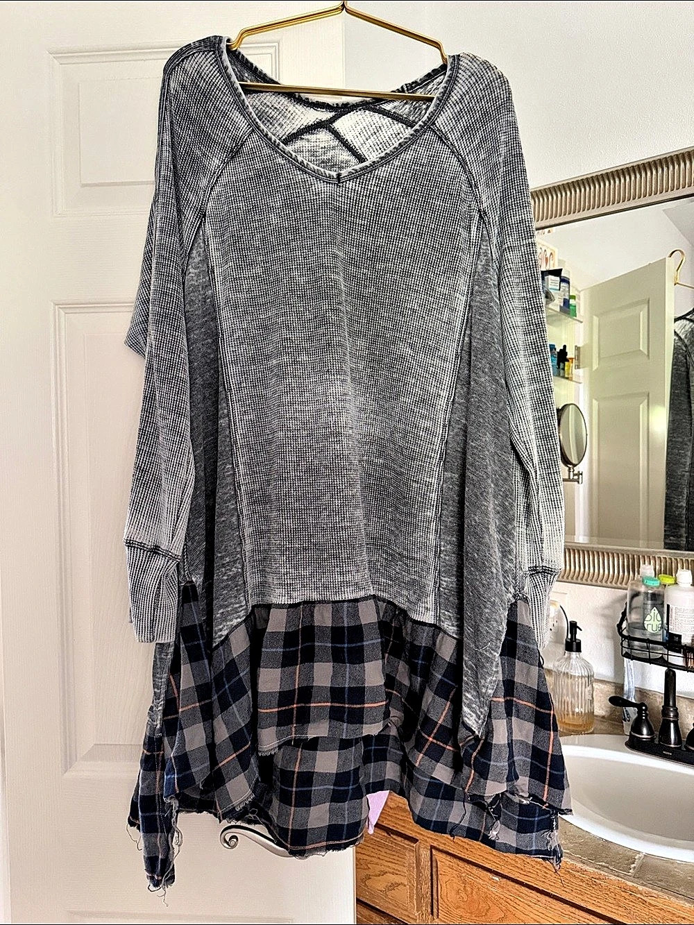 Upcycled thermal flannel GigiNLily OOAK Tunic Plaid Hem Gray & Blue XL Dress Top